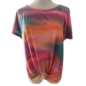 Democracy Tee Shirt Top Women’s Medium Twist Hem Short Sleeves Colorful Sunset
